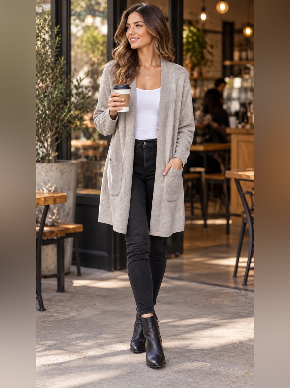 Saks Fifth Avenue Light Taupe Open-Front Ribbed Cardigan